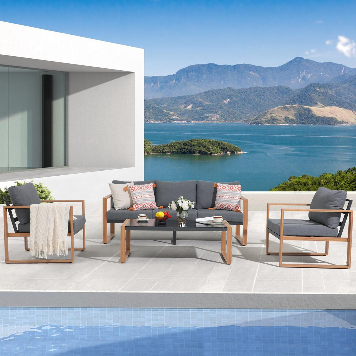 JOIVI Aluminum Patio Furniture Set, 4 Piece Outdoor Conversation Set Patio Conversation Sectional Chat Couch Sofa U-Shaped Modern Seating Set with Upgrade Cushion and Tempered Glass Coffee Table, Gray JOIVI