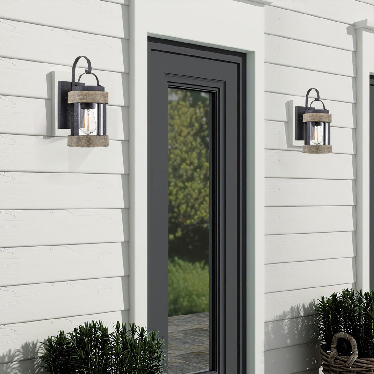 Kira Home Rochester 14" Modern Indoor Outdoor Wall Sconce + Cylinder Glass Shade, Weathered Oak Wood Style + Textured Black Finish Kira Home