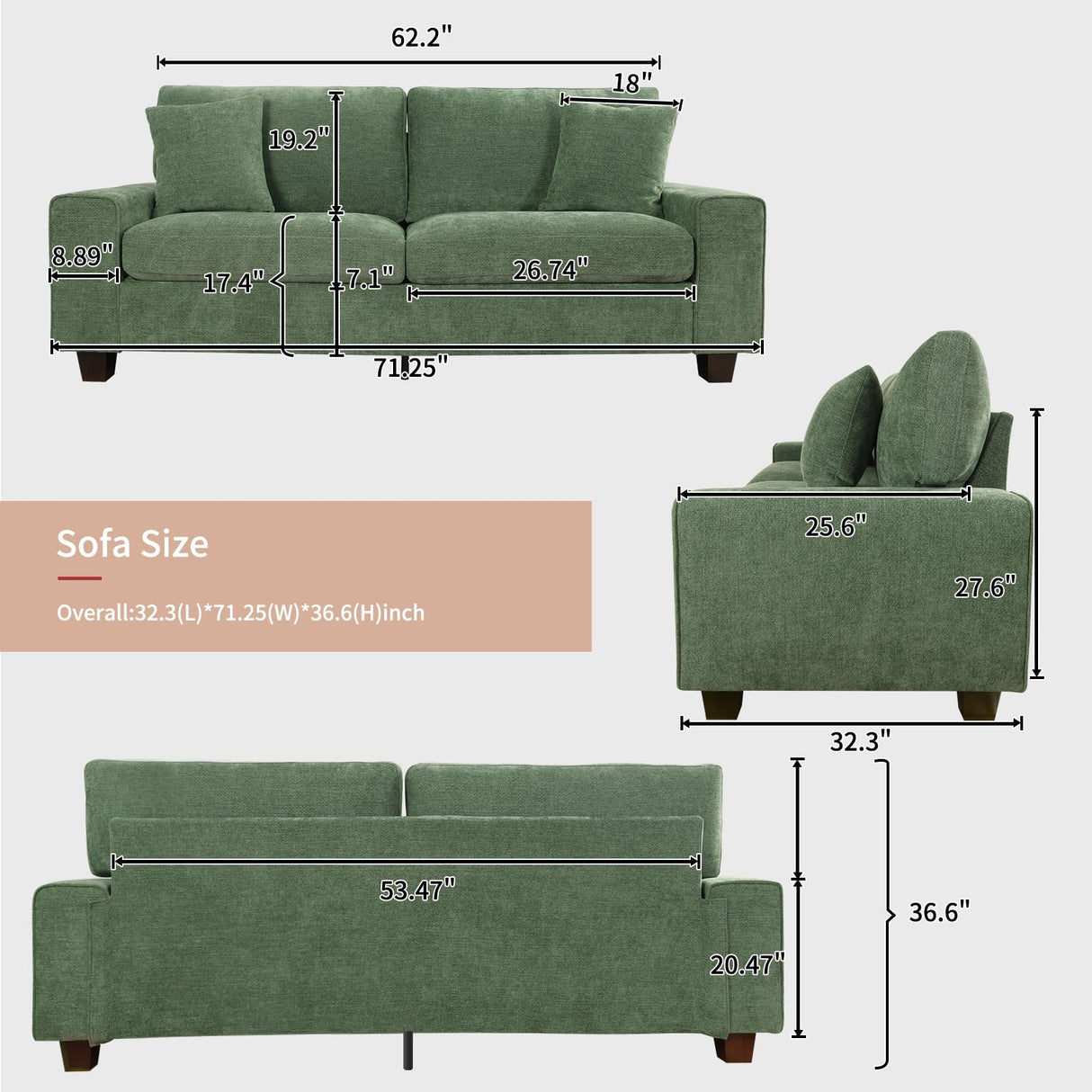 DOPEDIO Modern Loveseat Sofa for Living Room,Chenille Recliner, Removable Cover, Spring Cushions, Solid Wood Frame, Easy Assembly for Small Spaces (71.25inch，Green) DOPEDIO