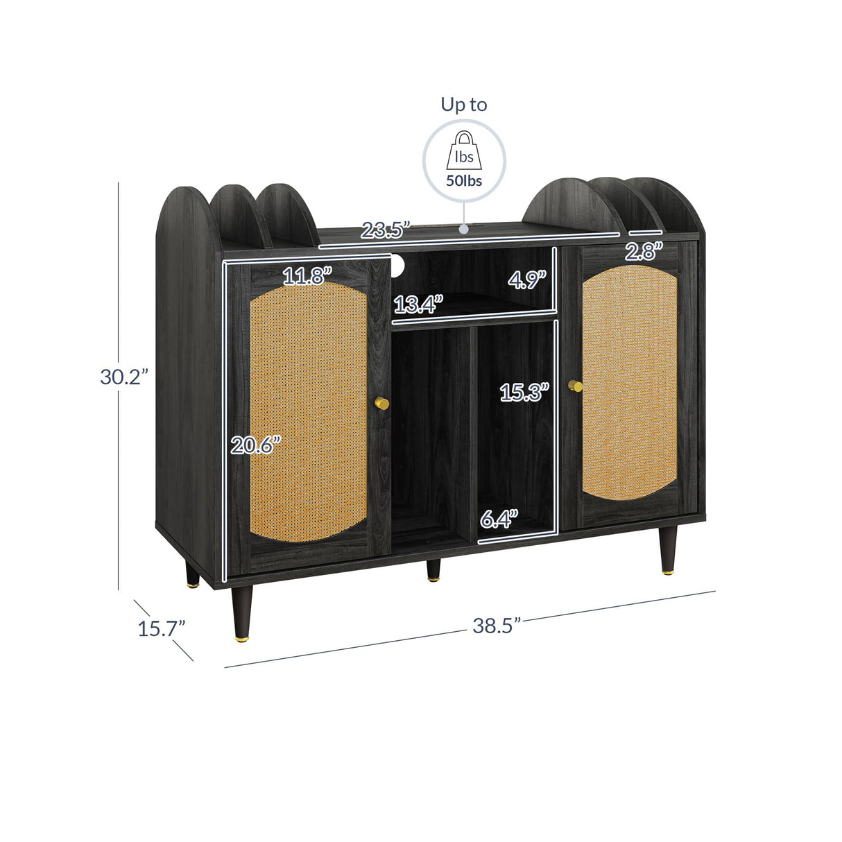 BELLEZE Mid-Century Record Player Stand, Vinyl Record Storage Cabinet Holds up to 350+ Albums, Rattern Decorated Turntable Stand with Power Outlet for Living Room, Office - Brown BELLEZE