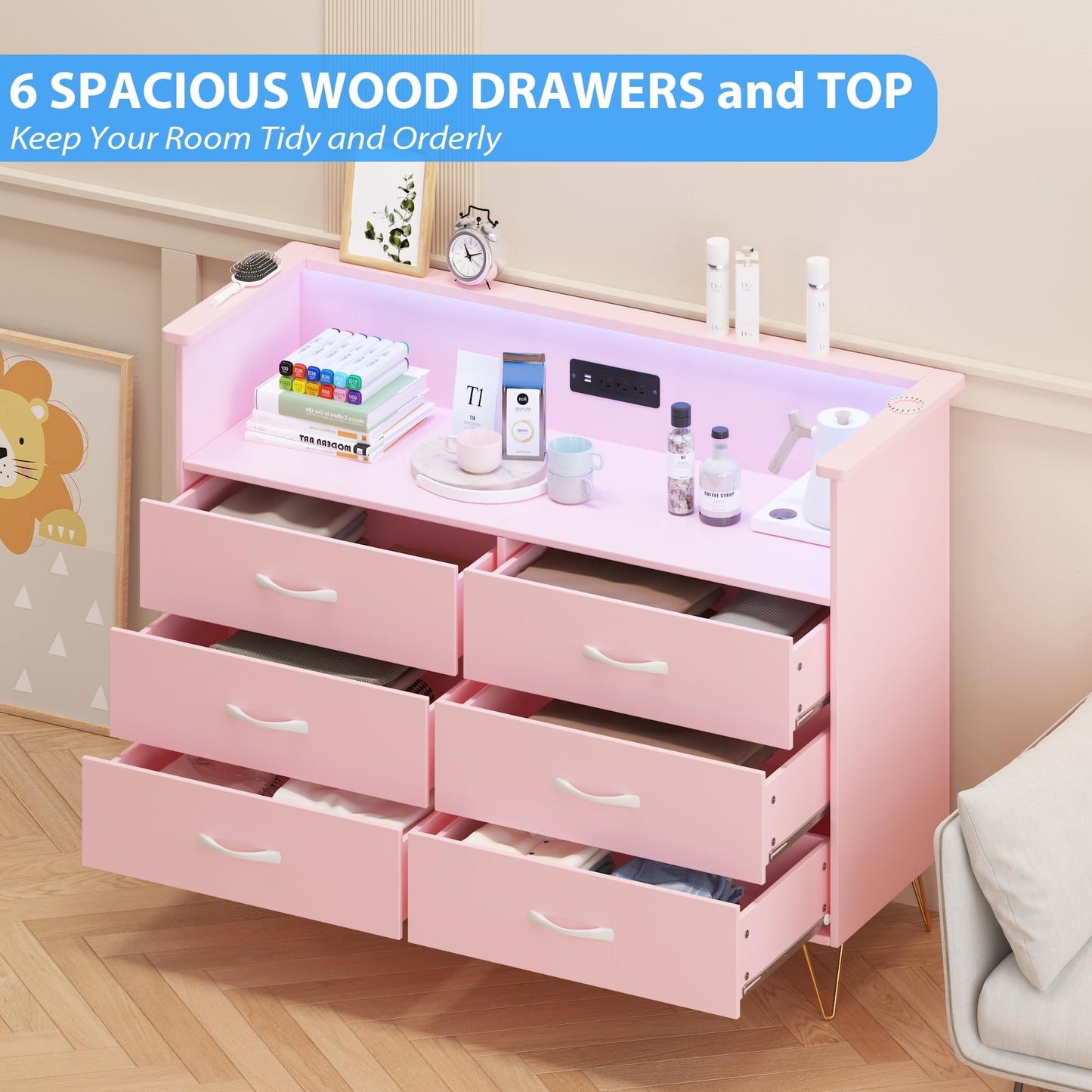 Patikuin Dresser for Bedroom with LED Light & Charging Station, 6 Drawers Wooden Dressers with Open Space, Modern Chest of Double Wide Drawers for Living Room, Entryway, Hallway TV Stand, Pink