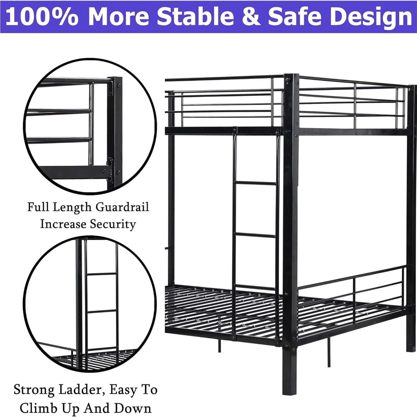 Tenouvos Higher Quality & Stronger Metal Queen Size Bunk Bed for Kids Adult, Heavy Duty Queen Over Queen Bunk Beds Frame with Built-in Ladde & Guard Rails for Kids Adult Teens, Quick Assembly, Black