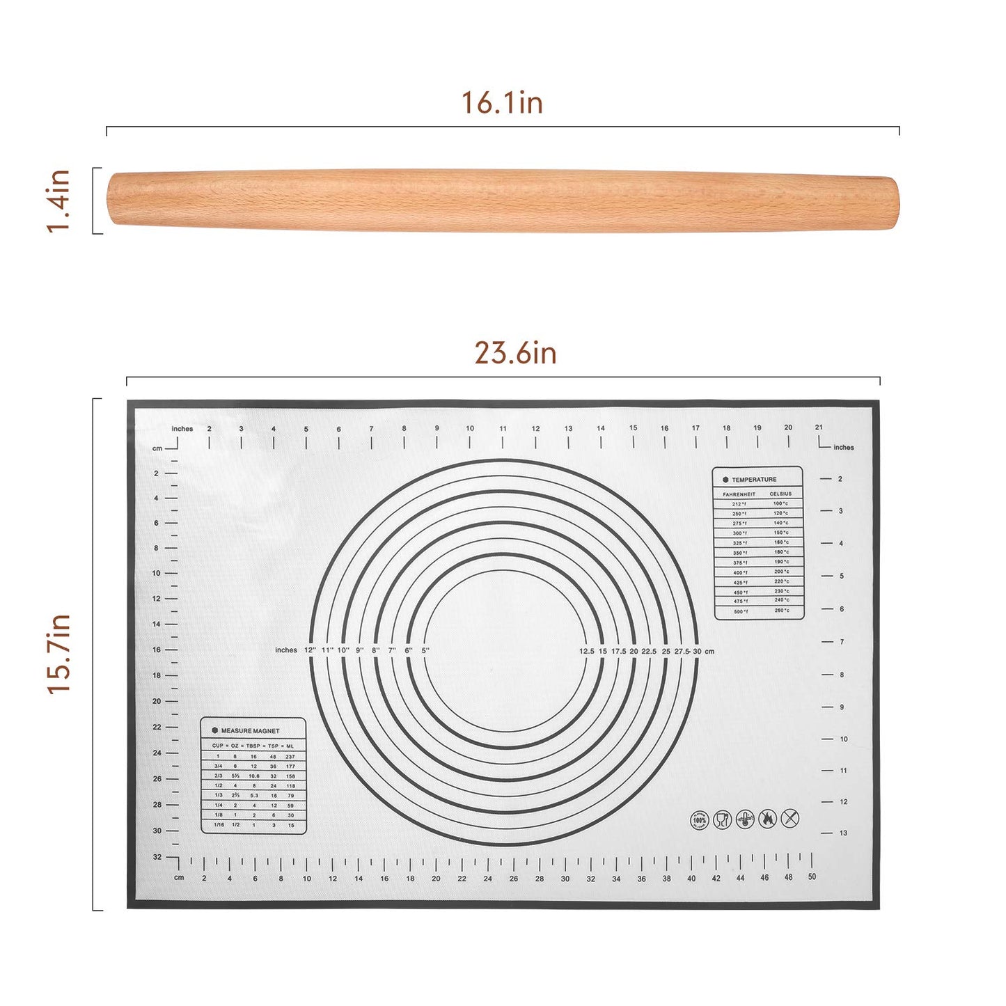 Wood Rolling Pin, QUELLANCE Wood French Roller Pin with Silicone Baking Mat, Beech Wood Dough Roller for Baking Dough, Pizza, Pie, Pastries, Pasta and Cookies