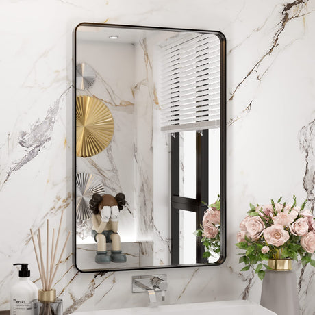 WEER Black Bathroom Mirror 20X30 Inch, Rectangular Matte Black Metal Framed Vanity Mirror, Farmhouse Bathroom Mirror with Tempered Glass, Rounded Corner, Anti-Rust (Horizontal/Vertical) WEER