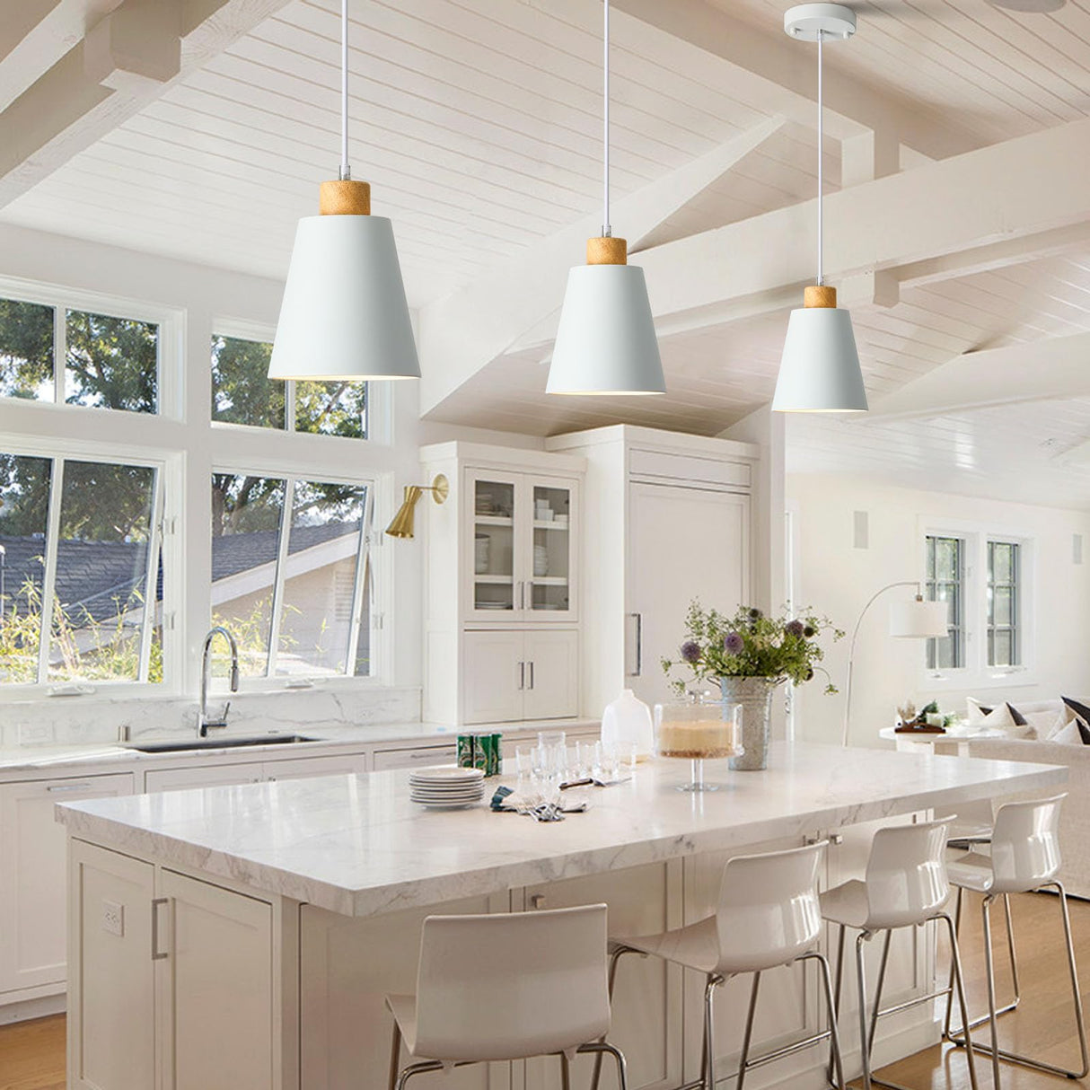 FISGONI White Pendant Light Kitchen Island Wood Pendant Lighting Mini Modern Hanging Light Small Pendant Light Fixture for Dining Room,Bar,Bedroom,Adjustable Cord,5.94 inch,1 PCS FISGONI