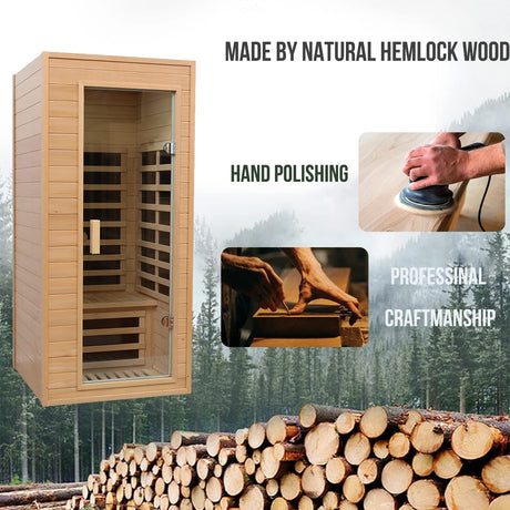 KUNSANA 1 Person Infrared Sauna, Home Sauna, Hemlock Wood Far Infrared Sauna, 1,200watt, Low EMF FAR Infrared with Bluetooth, LCD, LED Lights, for Home Indoor KUNSANA