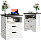 Fluest 24" Tall Farmhouse Nightstands Set of 2, Night Stands with Charging Station, Beside Tables with Drawers and Open Storage, Rustic End Tables for Bedroom, Antique White Fluest
