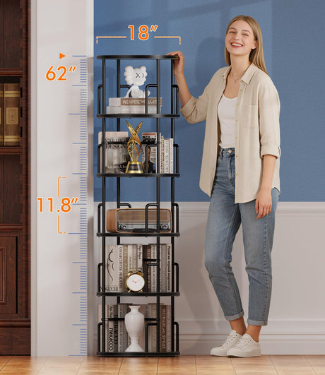 5 Tier Rotating Bookshelf Tower Round Black,62”Tall Standing Spinning Bookshelf Tower Anti-Tipping Design,Metal & Wood Revolving Bookcase Stackable Space Saving for Small Spaces,Study,Living Room Amzeth