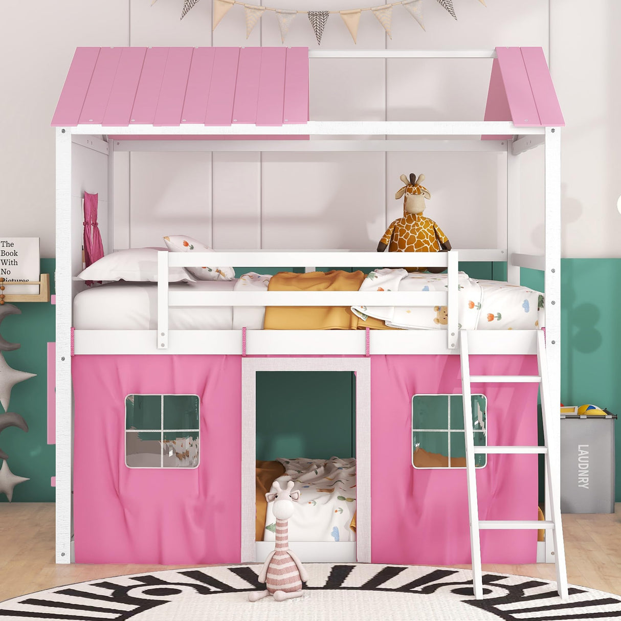 Harper & Bright Designs Full Over Full Bunk Bed, Wood Full Size House Bed with Elegant Windows, Sills and Tent, Pink+White Harper & Bright Designs