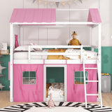Harper & Bright Designs Full Over Full Bunk Bed, Wood Full Size House Bed with Elegant Windows, Sills and Tent, Pink+White Harper & Bright Designs