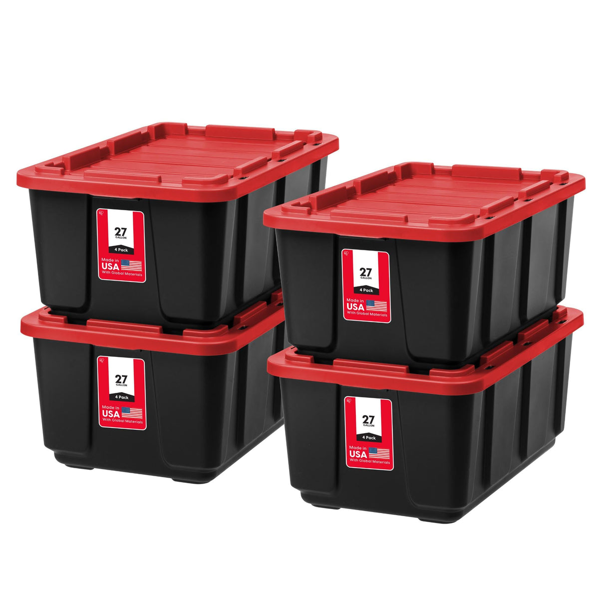 IRIS USA 27 Gallon Heavy Duty Truck Bed Toolbox Storage Tote Bins with Lids, 4 Pack - Made in USA, Tough Snap On Lockable Lid Stackable Industrial Tubs, Garage Organization Reusable Box - Red Iris Ohyama