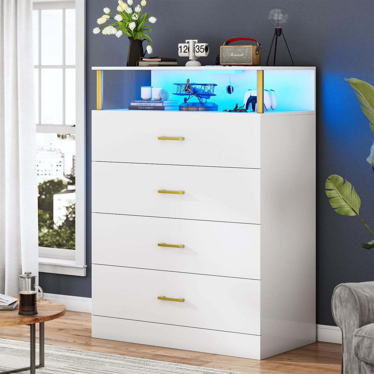 AOGLLATI White Dresser for Bedroom with Column Design, 4 Drawer Dresser with Charging Station, Modern Bedroom Led Tall Dresser for Bedroom Closet AOGLLATI