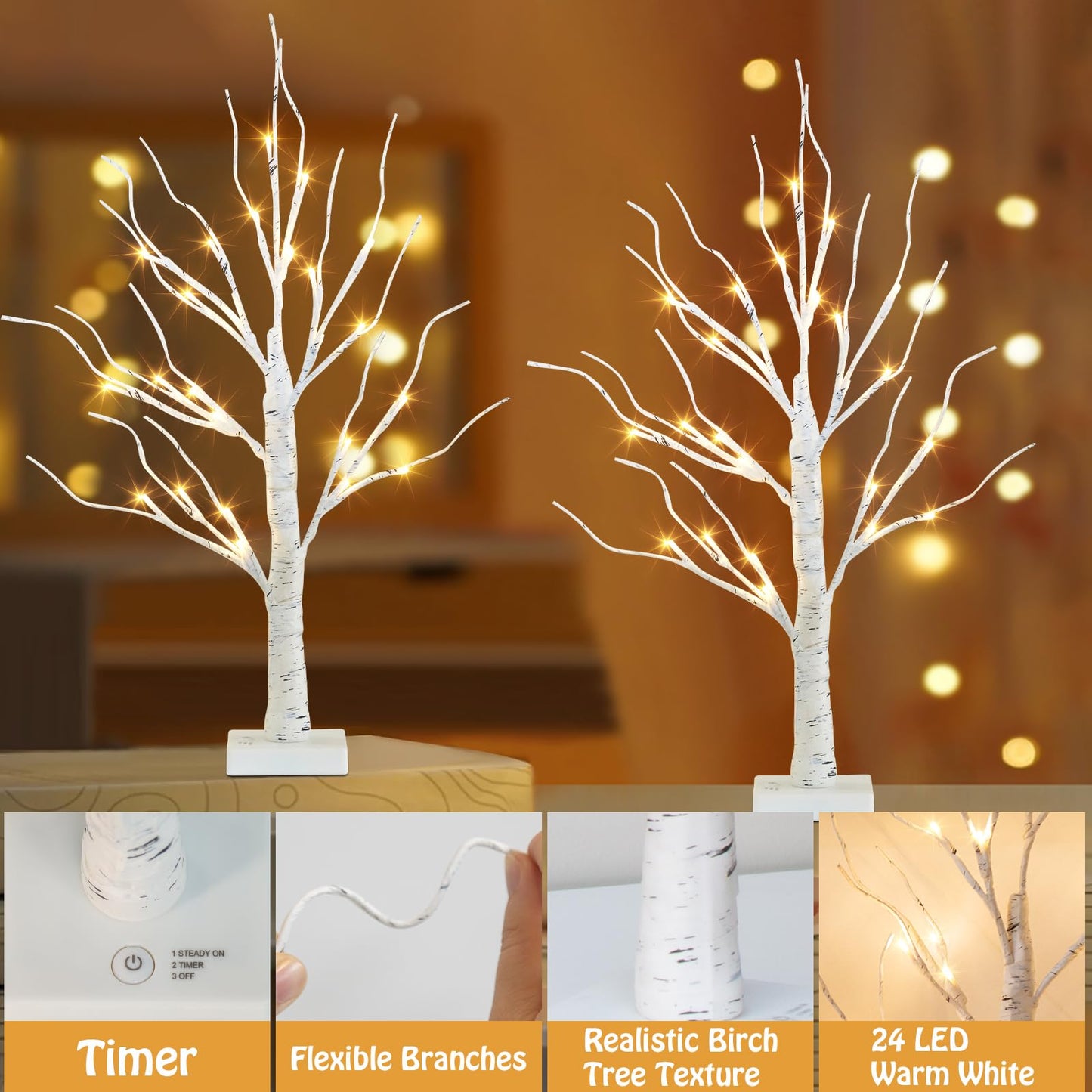 EAMBRITE Lighted Birch Tree for Christmas Decor, Table Decorations Indoor, 2Pack 24 LED Battery Operated/USB Tabletop Mini Artificial White Trees with Lights for Winter Home Centerpiece Mantel (2FT)