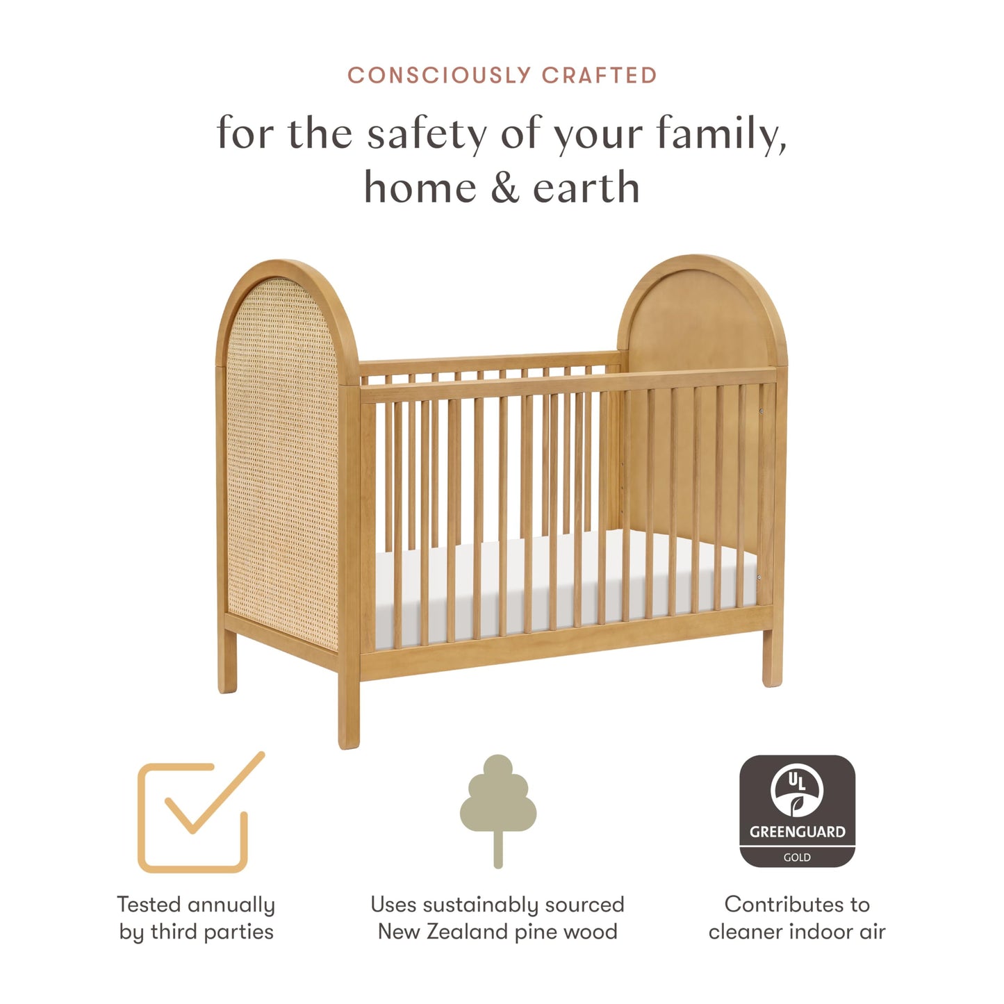 babyletto Bondi Cane 3-in-1 Convertible Crib with Toddler Bed Conversion Kit in Honey with Natural Cane, Greenguard Gold Certified