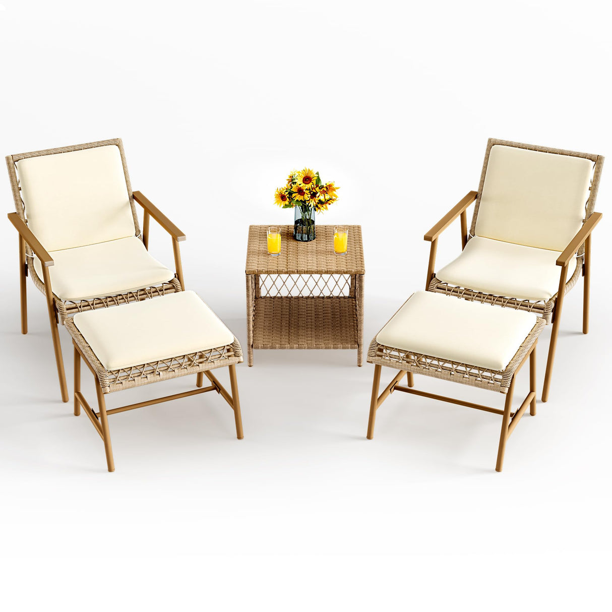 YITAHOME 5 Piece Patio Bistro Set, Outdoor Rattan Conversation Set with 2 Ottomans and Square Coffee Side Table, All Weather Wicker Boho Furniture Set for Balcony Lawn Garden Backyard Poolside (Beige) YITAHOME