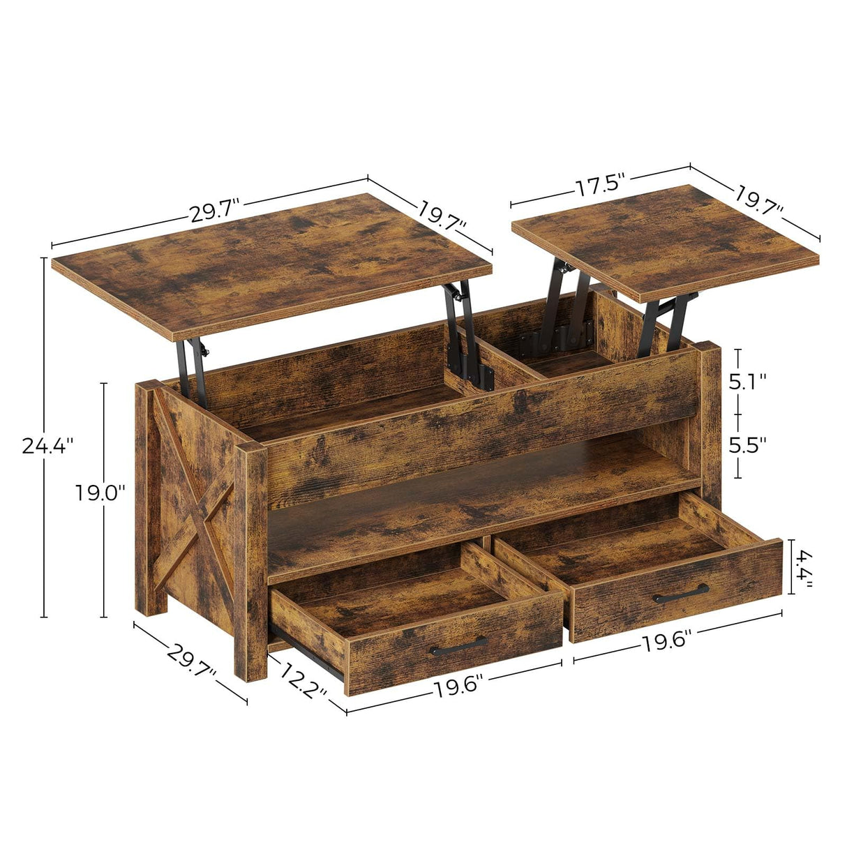 Seventable Coffee Table, 47.2" Lift Top Coffee Table with 2 Storage Drawers and Hidden Compartment, Farmhouse Center Table with Wooden Lift Tabletop, for Living Room,Rustic Brown Seventable