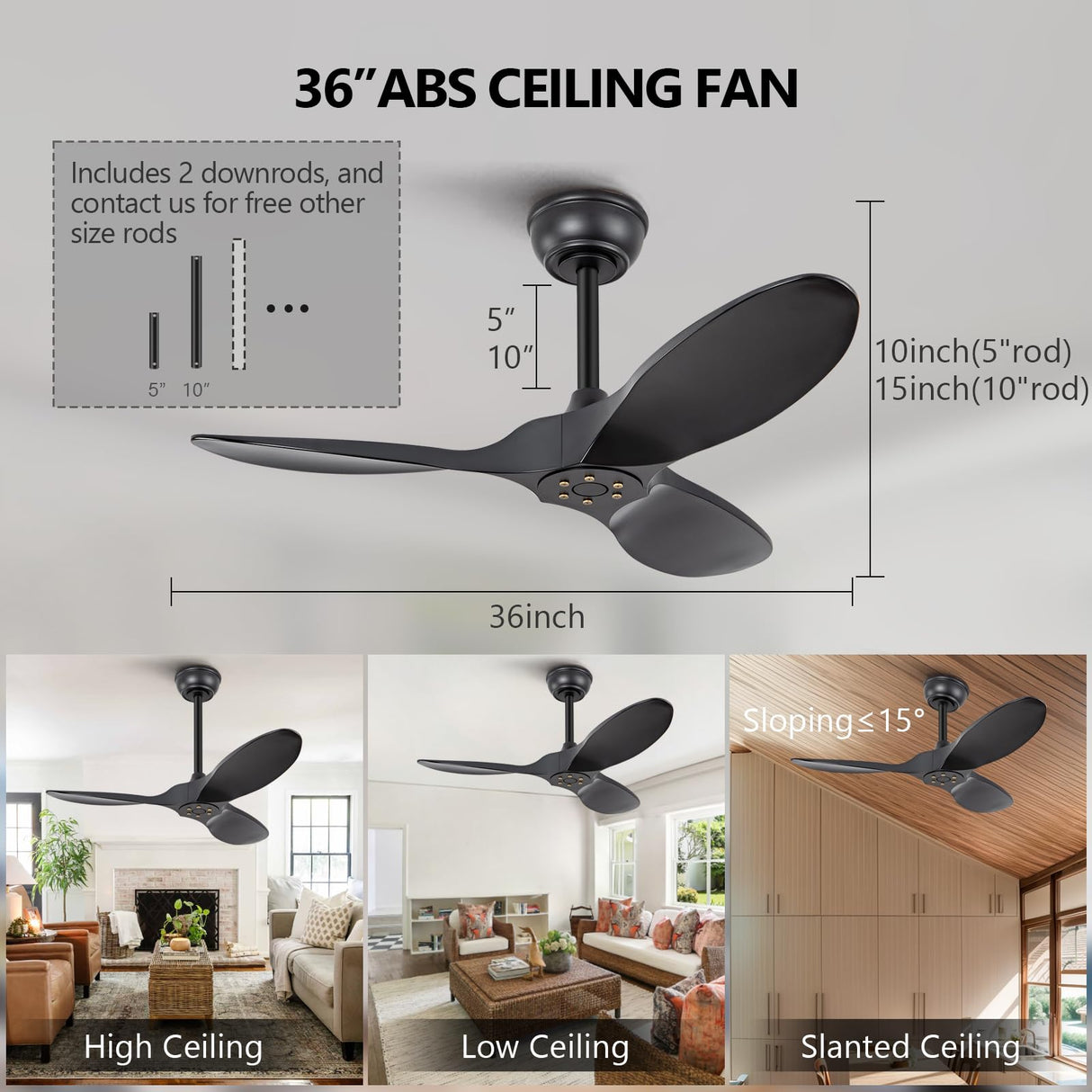 36 Inch Black Ceiling Fan, 6 Speeds, Reversible Silent DC Motor, 3 ABS Blades, Modern No Light Design, Remote Control for Indoor Outdoor Farmhouse Bedroom Patio Kids Room KBZZ
