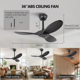 36 Inch Black Ceiling Fan, 6 Speeds, Reversible Silent DC Motor, 3 ABS Blades, Modern No Light Design, Remote Control for Indoor Outdoor Farmhouse Bedroom Patio Kids Room KBZZ