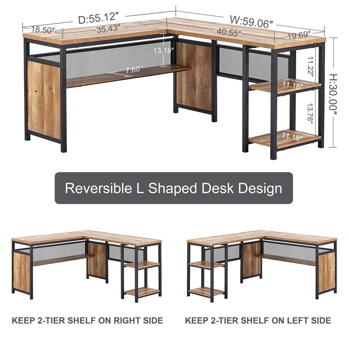 FATORRI L Shaped Computer Desk, Industrial Office Desk with Shelves, Reversible Wood and Metal Corner Desk for Home Office (Rustic Oak, 59 Inch) FATORRI