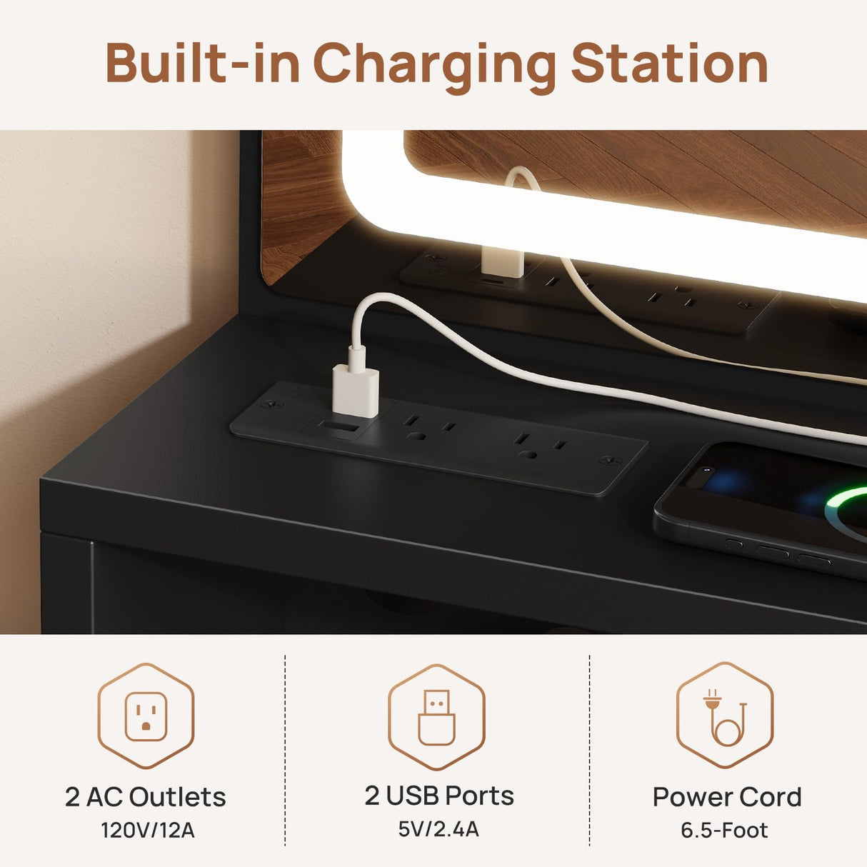 Rolanstar Vanity Desk with Mirror and Lights, Makeup Vanity with Upholstered Vanity Stool, 4 Drawers, Power Outlets, Vanity Set with 4 Compartments for Bedroom Black and Gold Rolanstar