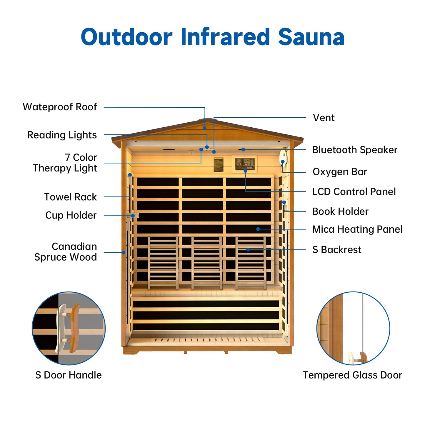 RESTISLAND Outdoor Sauna 3 Person Infrared Sauna for Home, 15A Low EMF Far Infrared Spruce Wooden Sauna with Bluetooth, LCD Panel