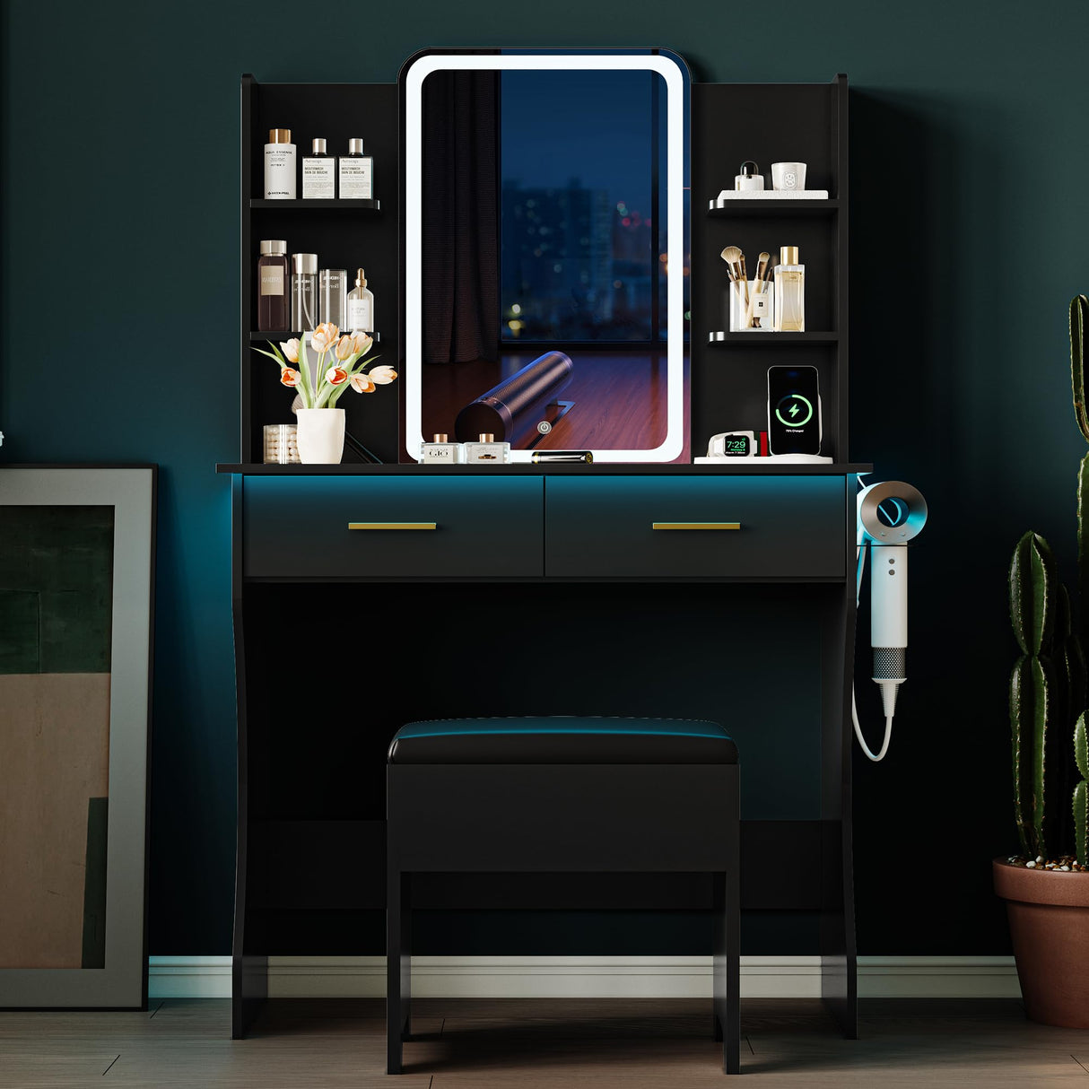 Vanity Desk with LED Lights Mirror & Power Outlet, Small Makeup Vanity Table Set with Storage Drawers & Chair, 3 Lighting Modes & Adjustable Brightness, Dressing Table for Women Girls Bedroom, Black Xixini