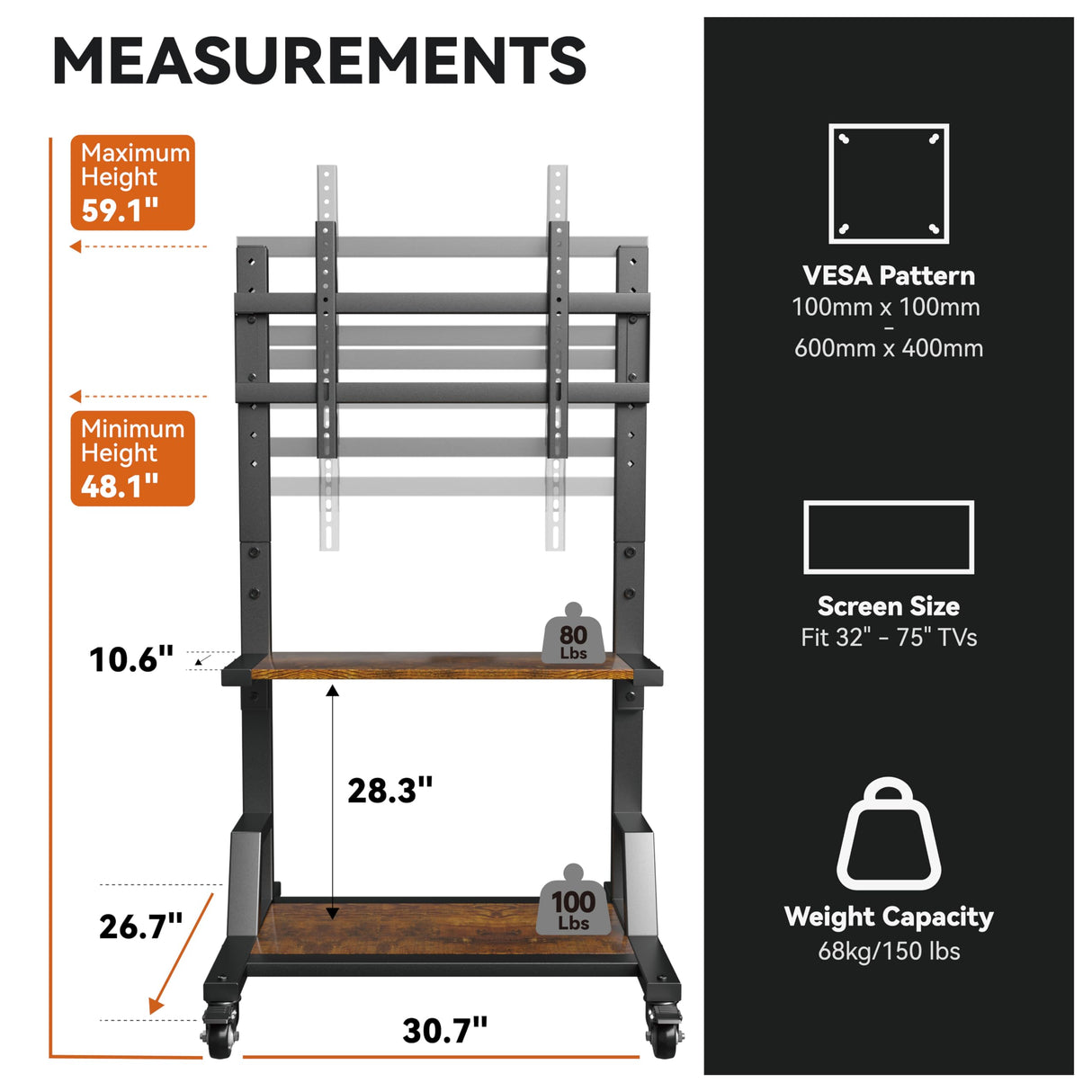 AENTGIU Rolling Tv Stand: Mobile TV Stand for 32" to 75" All Brand TVs, Lockable Rolling Wheels TV Cart with Metal TV Mount and 2 Tier Wood Shelf for Home, Office, All Hardware Included AENTGIU