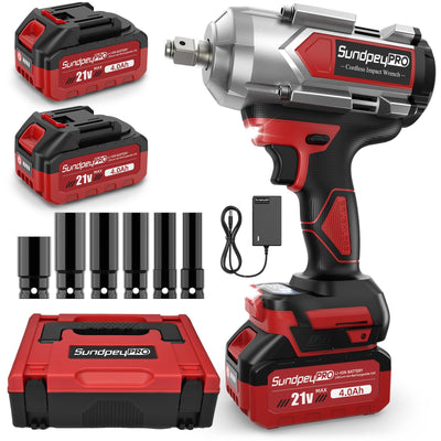 SundpeyPRO Cordless Impact Wrench 960Ft-lbs - 1300N·m High Torque Impact Wrench - 21V 2600RPM Brushless Power Impact Gun with 2 × 4.0Ah Battery 6 Sockets & Charger & Carry Case for Car Tire Truck DIY