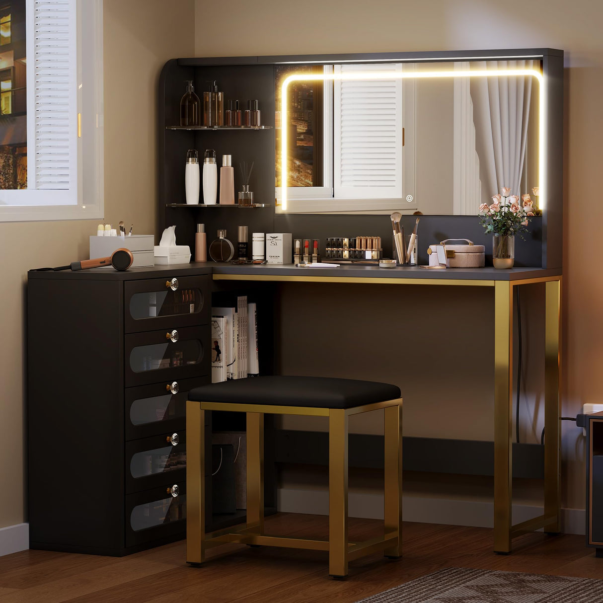 DWVO Vanity Desk with LED Lighted Mirror and 3 Lighting Modes, L-Shaped Corner Vanity, 48" Large Dressing Table with 5 Tempered Glass Drawers with Open Storage Shelves Vanity Table, Black DWVO
