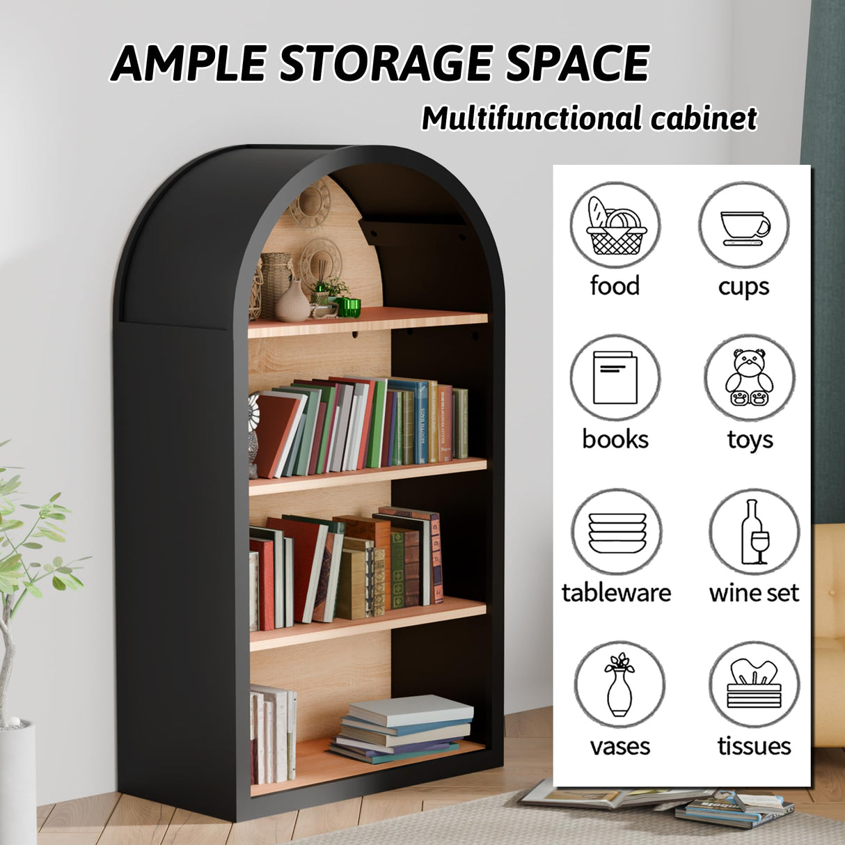 HIUU Black Arched Bookshelf,Modern Short Bookcase,Mid-Century Modern Curved Book Shelf,Arched Display Cabinet with Open Shelf for Bedroom, Living Room HIUU