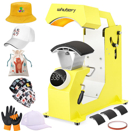 Whubefy 3in1 Hat Press Heat Machine for Caps - Auto Hat Heat Press w/3 Platens - No Crease No Stick - One-Touch Easy Press Cap Heat Press for Hats T-Shirts Small HTV Iron on Vinyl Sublimation Projects Whubefy