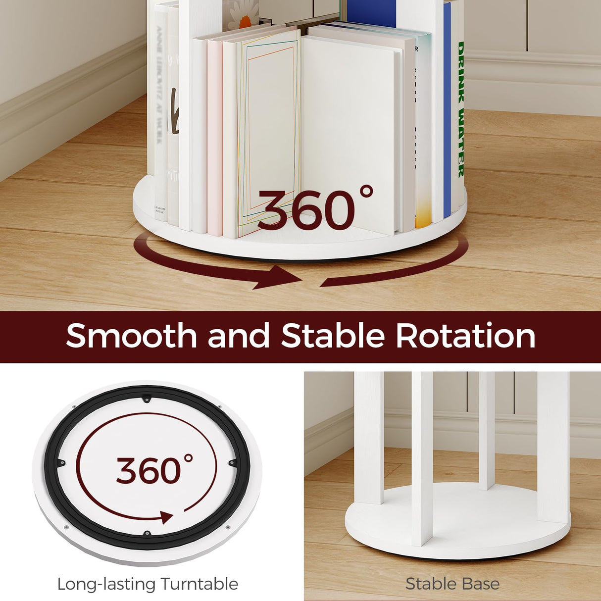 MAHANCRIS 4-Tier Rotating Bookshelf, 360° Spinning Bookshelf Tower, Floor Standing Round Revolving Bookcase, Display Rack for Books, CDs, for Living Room, Study, Bedroom, White BKWT6401 MAHANCRIS