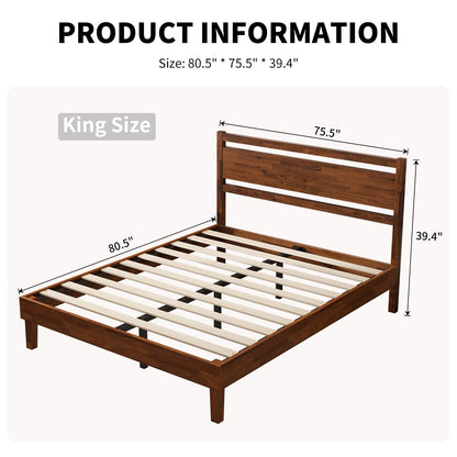 Crisinant Retro Brown King Wood Bed Frame with Headboard and Strong Slat Support - WoodArtSupply