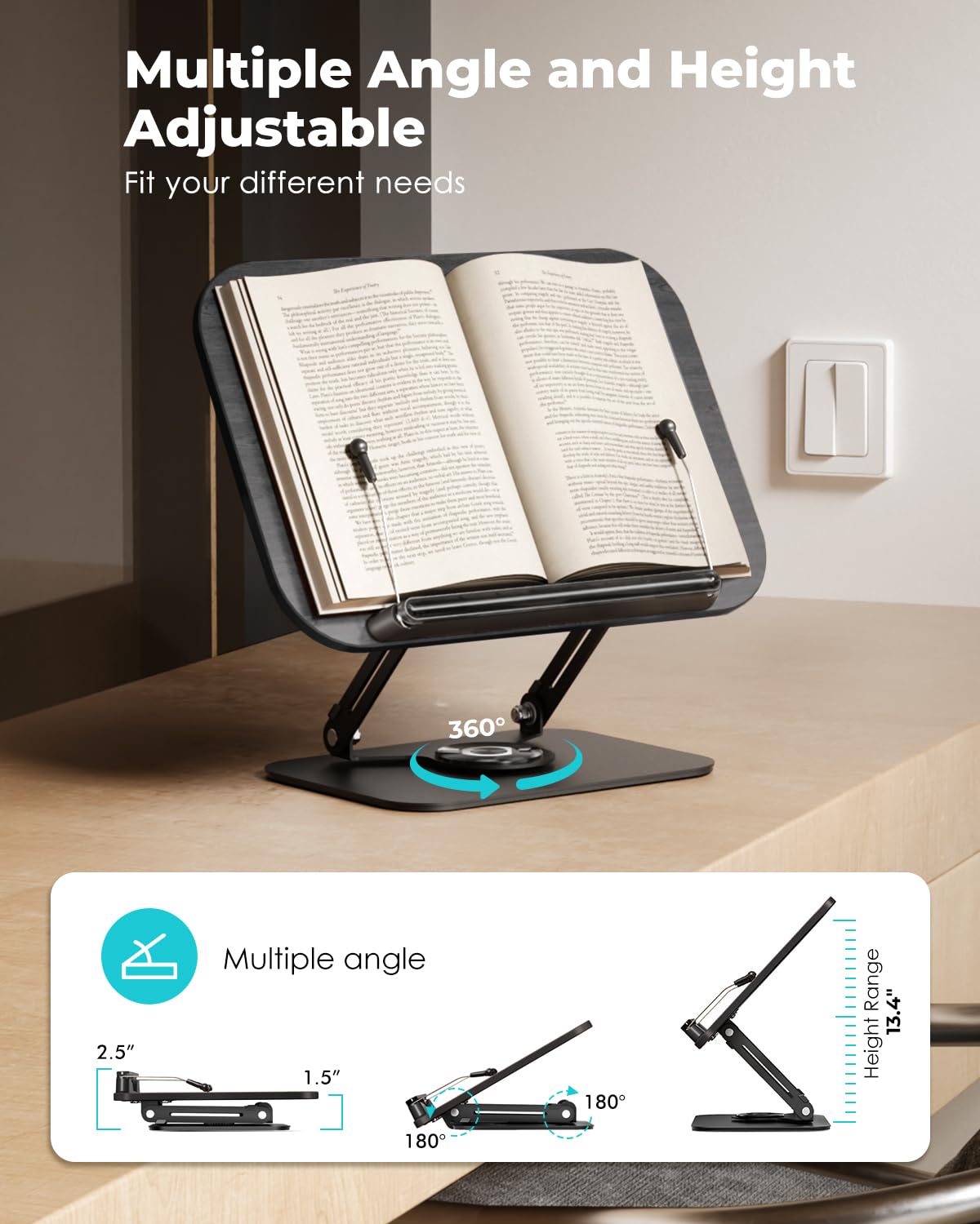 Viozon Book Stand for Reading,Book Holder, Height&Angle Adjustable, 360° Rotating Base, Foldable and Portable, Lightweight for Office, Kitchen, School Textbook, Recipe, Magazine,Kindle,Table B Viozon