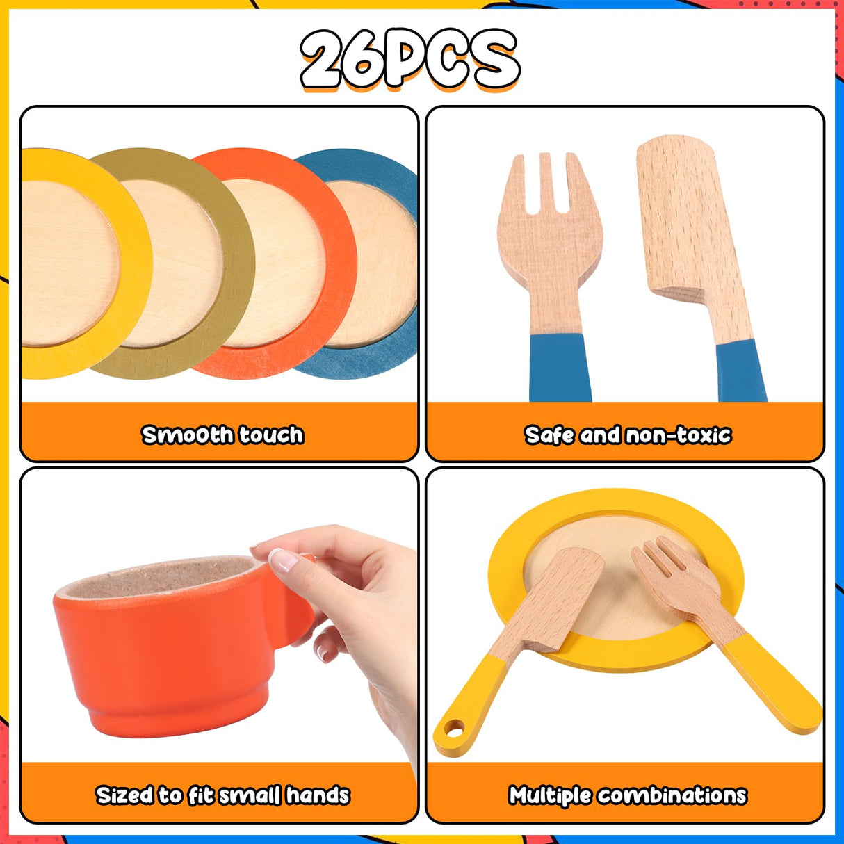 FALESOUL 26Pcs Wooden Toy Kitchen Dish Set, Toddler Plates and Cutlery Set Toy with Plates Cups Spoons, Toy Kitchen Accessories Kids Role Play Gift for Age 3+ Years FALESOUL