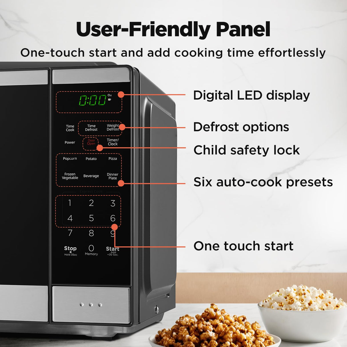 BLACK+DECKER Countertop Microwave Oven 0.9 Cu Ft, 6 Auto Menus, Child Lock, Memory Function, 10 Power Levels, Easy One-Touch Start, Digital Panel, 900W BLACK+DECKER