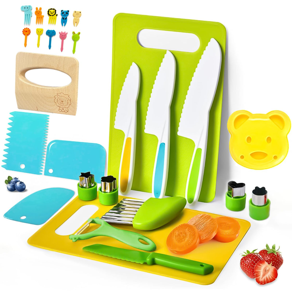 27 Pcs Montessori Kitchen Tools for Toddlers, Kids Knives for Real Cooking Safe Knife Set Include Toddler Cutting Boards Sandwich Cutters Peeler for Birthday Tools for Age 2-10 Year Old Girl Boy LURVUO