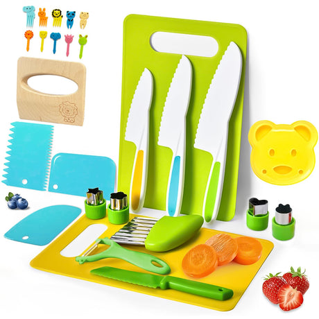 27 Pcs Montessori Kitchen Tools for Toddlers, Kids Knives for Real Cooking Safe Knife Set Include Toddler Cutting Boards Sandwich Cutters Peeler for Birthday Tools for Age 2-10 Year Old Girl Boy LURVUO