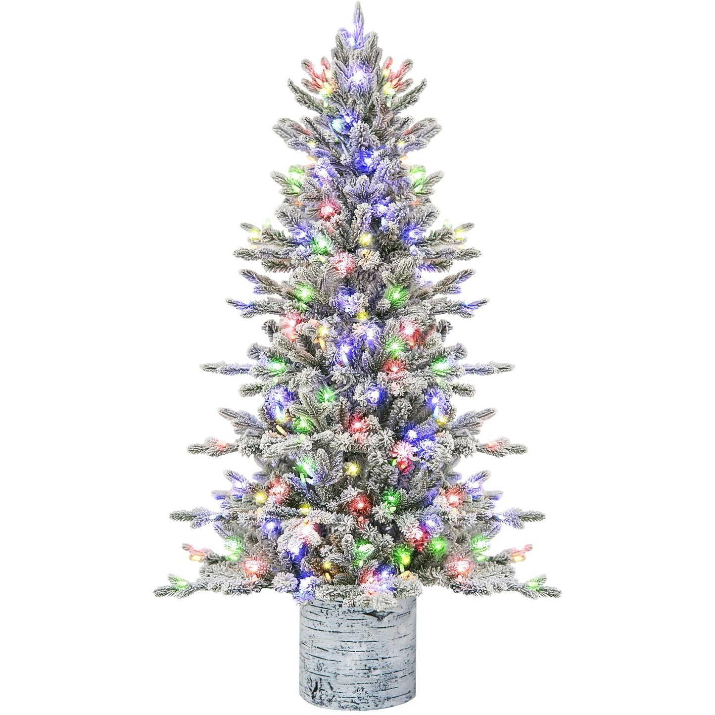 Hykolity 4.5 ft Prelit Snow Flocked Potted Christmas Tree, 621 PE & PVC Realistic Branch Tips, Artificial Arctic Fir with 150 Multicolor LED Lights, Sturdy Potted Stand, 10 Color Modes