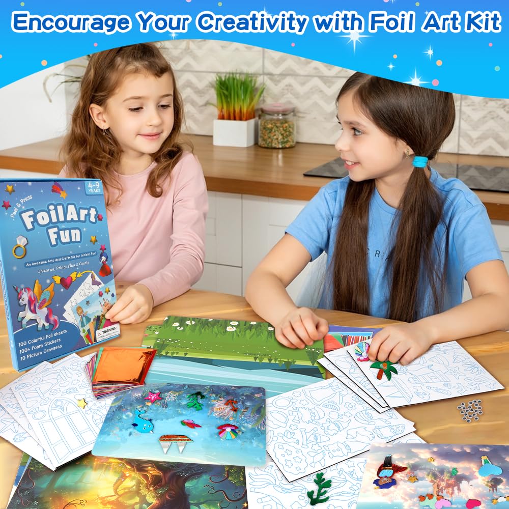 Foil Arts Kit for Girls Arts and Crafts for Girls 4 5 6 7 8 Fun Activity Set for Girls DIY Creative Birthday Gifts for Girl Boy Fun Craft Kits for Christmas Valentines Easter No Mess Art for Girl Blue ysuwekslu