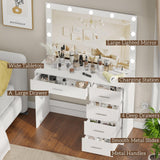 Irontar Vanity Desk with Charging Station, Makeup Table with Large Mirror, Makeup Vanity with Lights, Brightness Adjustable, Dressing Table Desk with 5 Drawers, Bedroom Vanity Table, White WDT010W Irontar