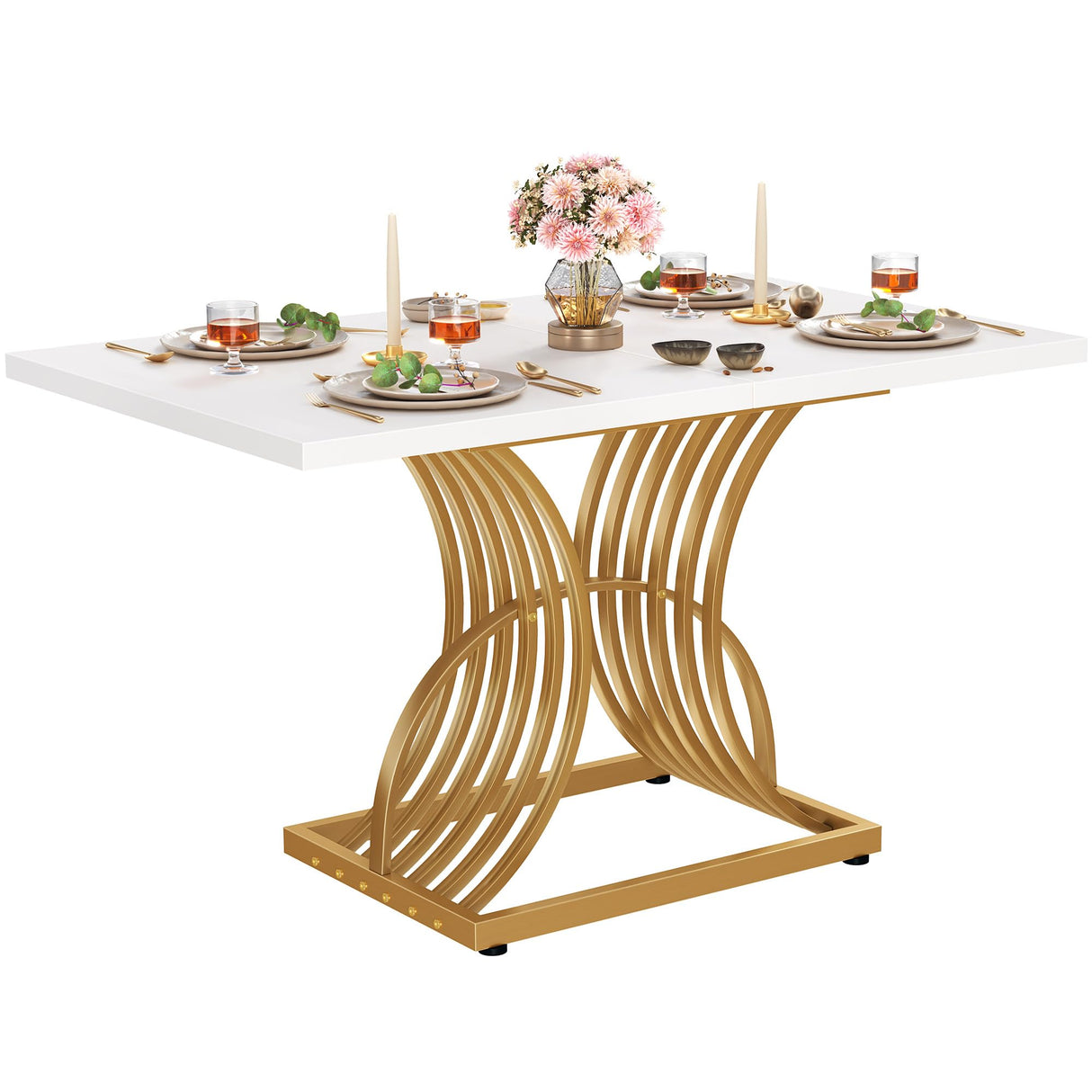 DWVO Modern Dining Table for 4 People 47 Inch Rectangular Kitchen Table with Faux Marble Tabletop and Gold Geometric Legs Small Dinner Table Kitchen & Dining Room Furniture White and Gold DWVO