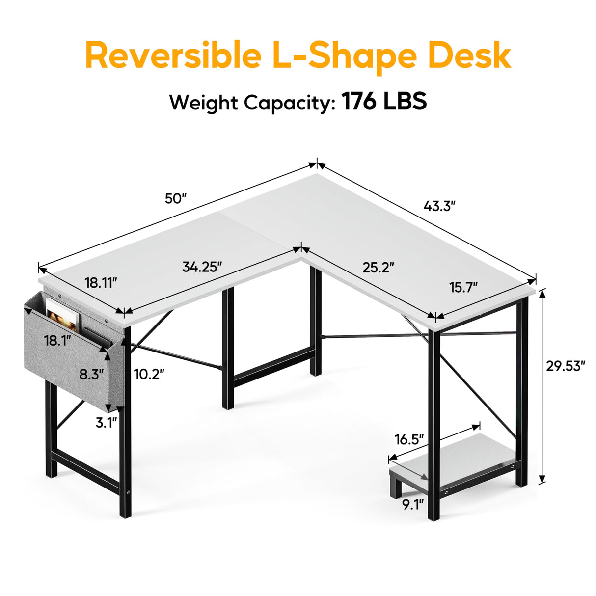 L Shaped Desk Gaming Computer 50 Inch Reversible Corner Table PC for Writing Study Student with Wood Tabletop Metal Frame CPU Stand Side Bag for Home Office Small Place, White HealSmart
