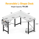 L Shaped Desk Gaming Computer 50 Inch Reversible Corner Table PC for Writing Study Student with Wood Tabletop Metal Frame CPU Stand Side Bag for Home Office Small Place, White HealSmart