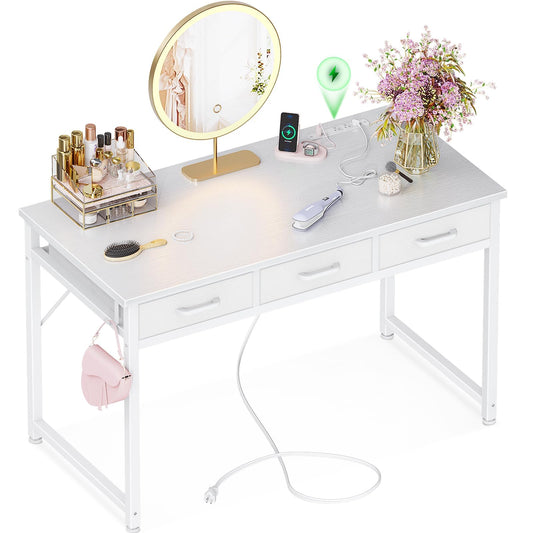 AODK Vanity Desk Without Mirror, Makeup Vanity with 3 Fabric Drawers, White Vanity Desk Dressing Vanity Table with Charging Station, 48 Inch Large Girl Vanity, Desk Make Up Vanity for Girls, White