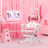 Vigosit Pink Gaming Chair with Cat Paw Lumbar Cushion and Cat Ears, Ergonomic Computer Chair with Footrest, Reclining PC Game Chair for Girl, Teen Vigosit