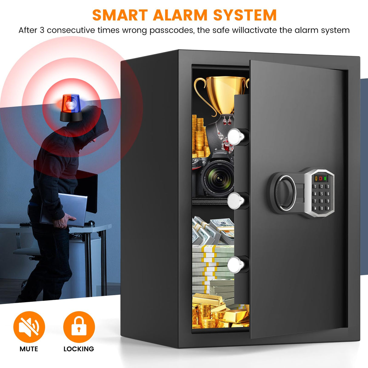 3.0 Cub Large Home Safe Fireproof Waterproof, Digital Firep roof Safe Box With Fireproof Bag, Combination Lock and Alarm Systerm, Fire Safes for Home Documents Money Valuables Bukumo