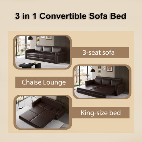 LuxyHoom 93.7" King Size Sleeper Sofa Bed, Pull Out Sofa Bed, Faux Leather Upholstery, 3 in 1 Convertible Sleeper Couch, Chaise Lounge, Retro Recliner for Living Room, Office, Apartment, Dark Brown LuxyHoom