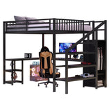 KEIKI Queen Size Loft Bed with L-Shaped Desk,Charging Station,Wardrobe & LED Light,Heavy Duty Metal Bed Frame w/Guard & Ladder for Teens Adults,No Box Spring Needed,Black KEIKI