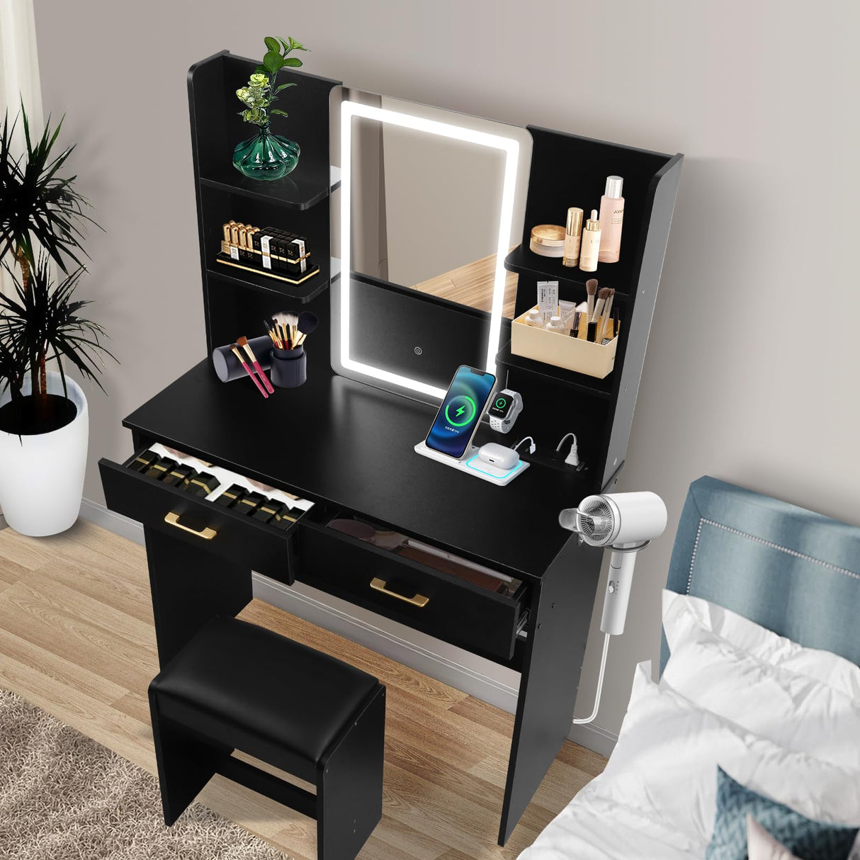 QUALIKRAFT Vanity Set with Mirror and Stool and Lights, Vanity Desk with Mirror & Power Outlet, Vanity Desk with Drawers, Black Vanity with Lighted Mirror, Dressing Table Set with 2 Large Drawers QUALIKRAFT